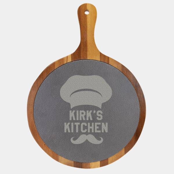 10 1/2" x 14 1/2" Round Acacia Wood/Slate Serving Board with Handle Thumbnail