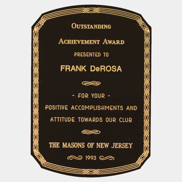 7 1/8" x 10 1/8" Laserable Brass Plate with Notched Corners, Rounded Top and Bottom, Design Border and Four Holes (Fits P1091) Thumbnail