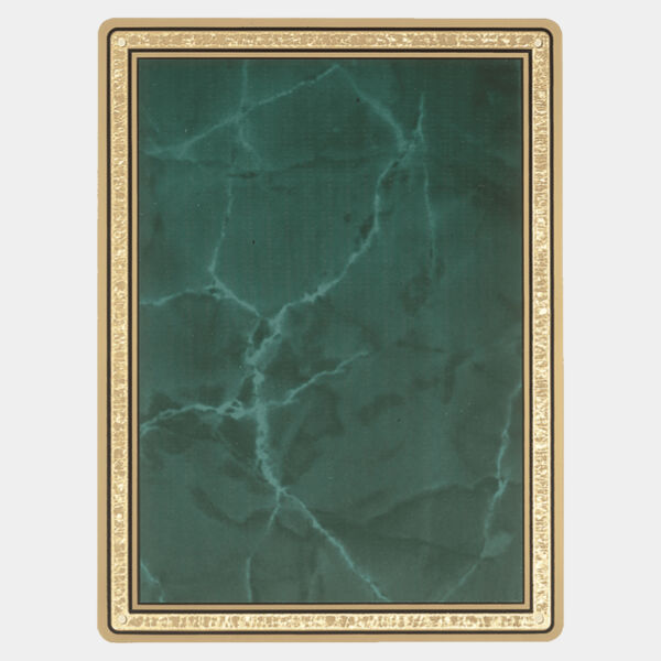 6 7/8" x 9 7/8" Emerald Marble Brass Plated Steel Plate with Rounded Corners, Florentine Border and Four Holes Thumbnail